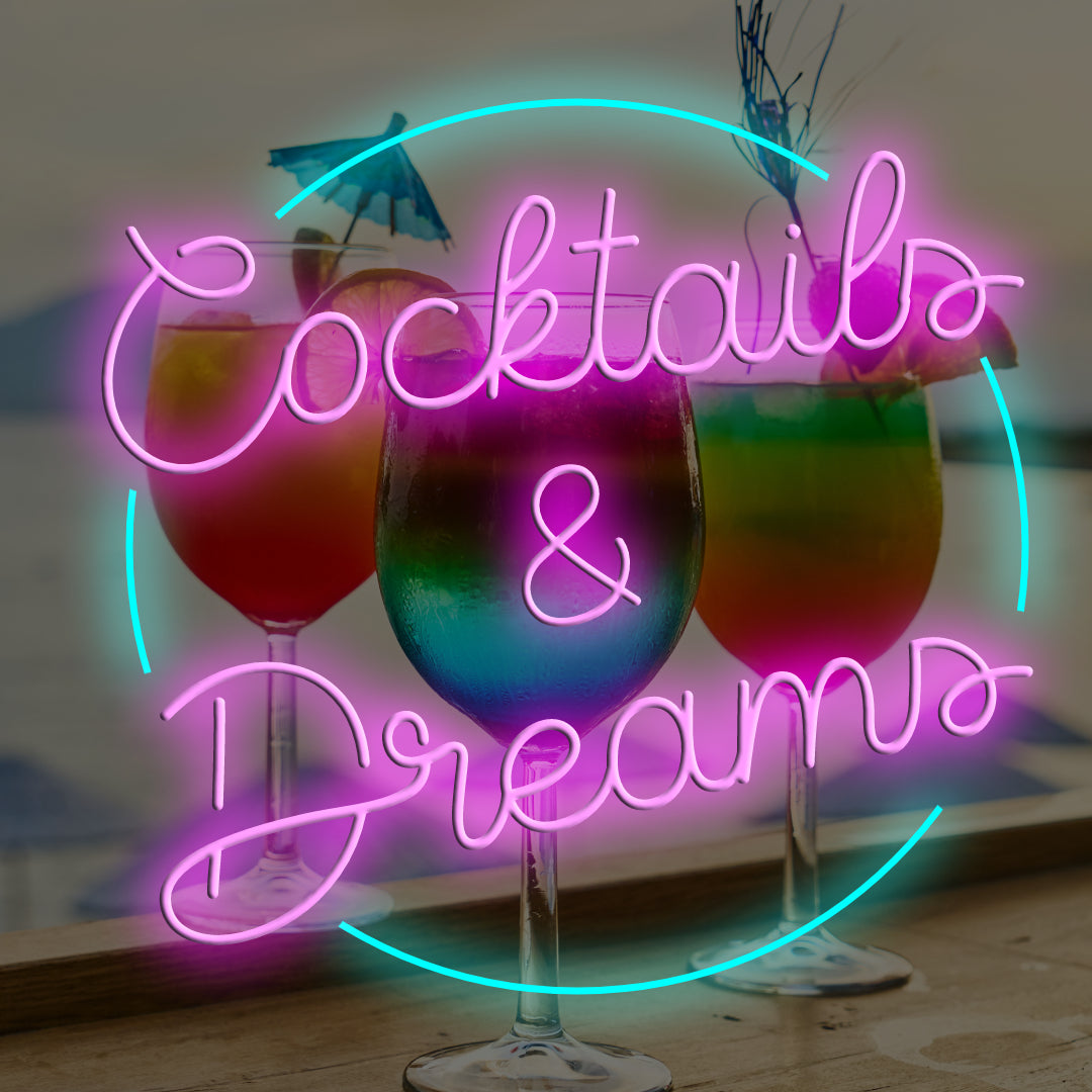 Cocktails and dreams LED neon sign in a circle