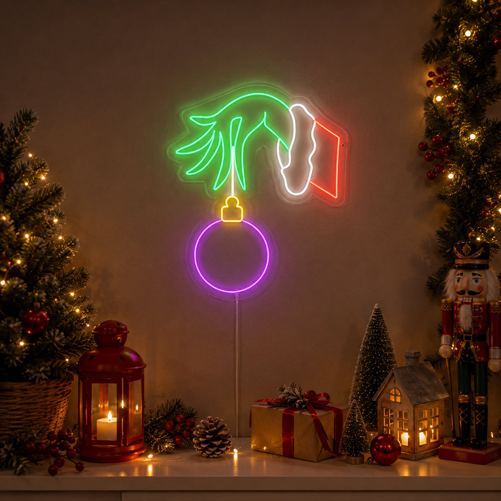 Die Hand des Grinch LED-Leuchtreklame – Hergestellt in London Weihnachts-Leuchtreklamen