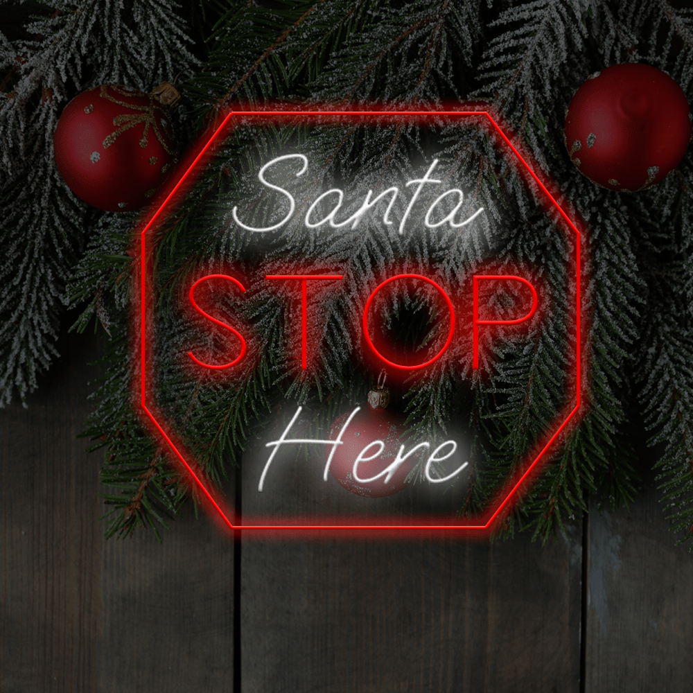 Julenissen Stop Here LED-neonskilt - Laget i London Jule-neonskilt - Planet Neon